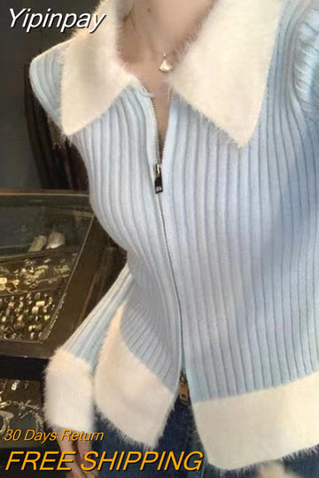 Yipinpay Winter Faux Fur Y2k Crop Tops Korean Fashion Knitted Sweater Zipper Design Long Sleeve Casual Pullover Female Slim Chic